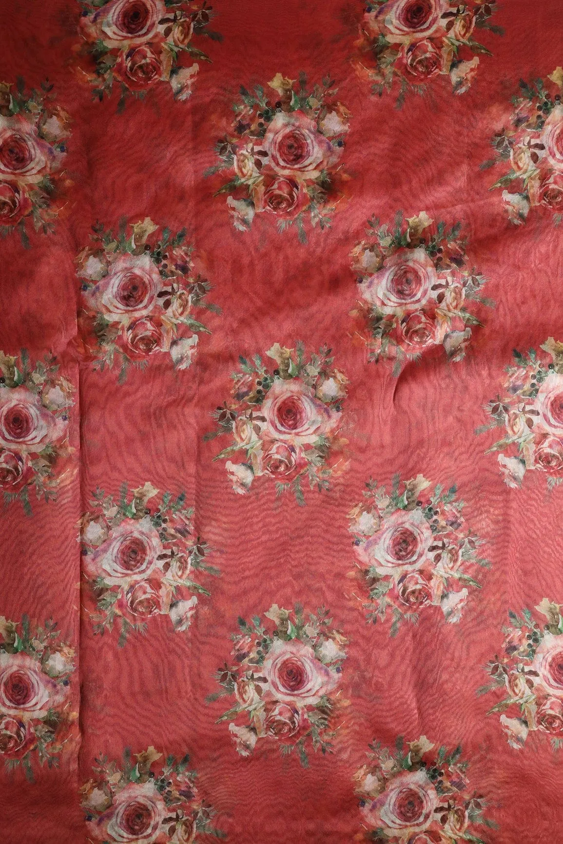 Multi Color Beautiful Floral Butta Digital Print On Red Organza Fabric