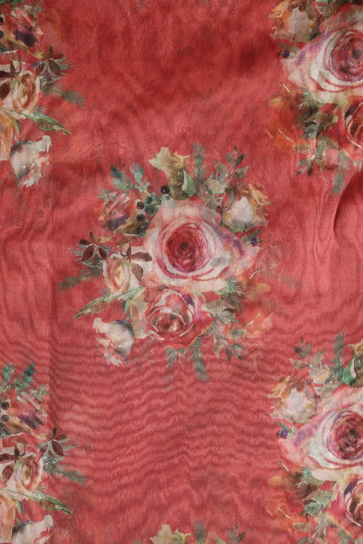 Multi Color Beautiful Floral Butta Digital Print On Red Organza Fabric