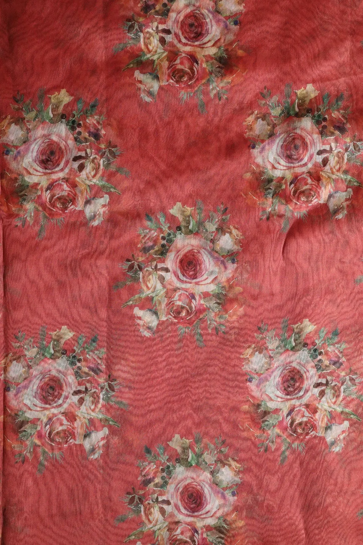 Multi Color Beautiful Floral Butta Digital Print On Red Organza Fabric