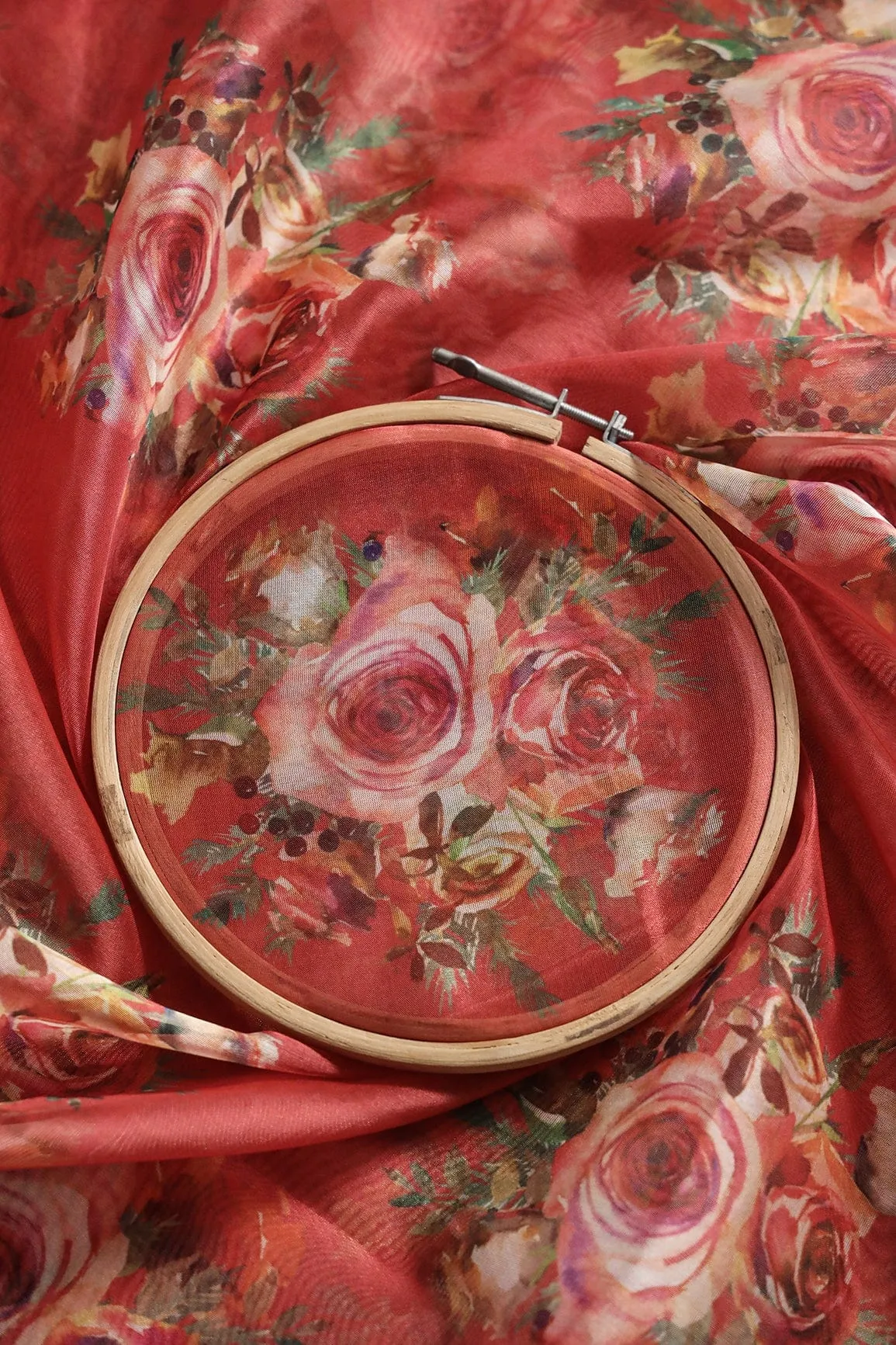 Multi Color Beautiful Floral Butta Digital Print On Red Organza Fabric