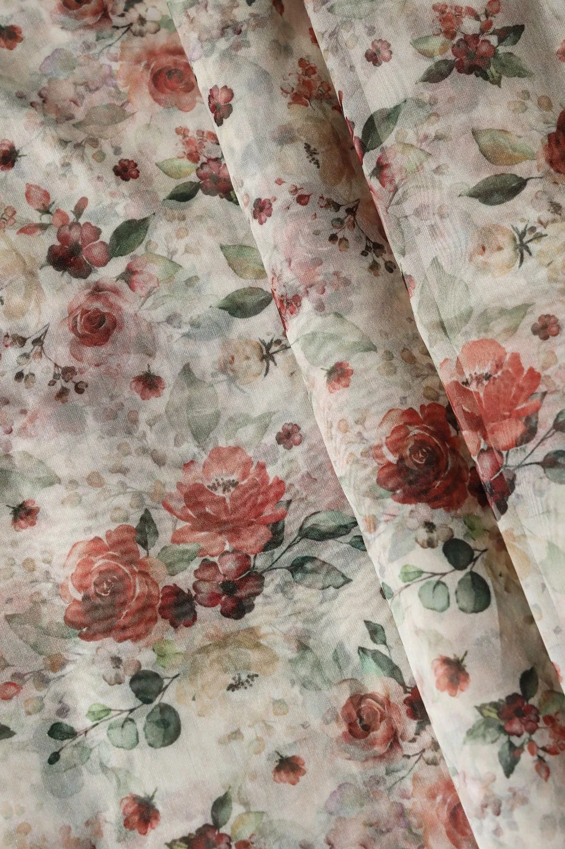 Multi Color Beautiful Floral Digital Print On Cream Organza Fabric