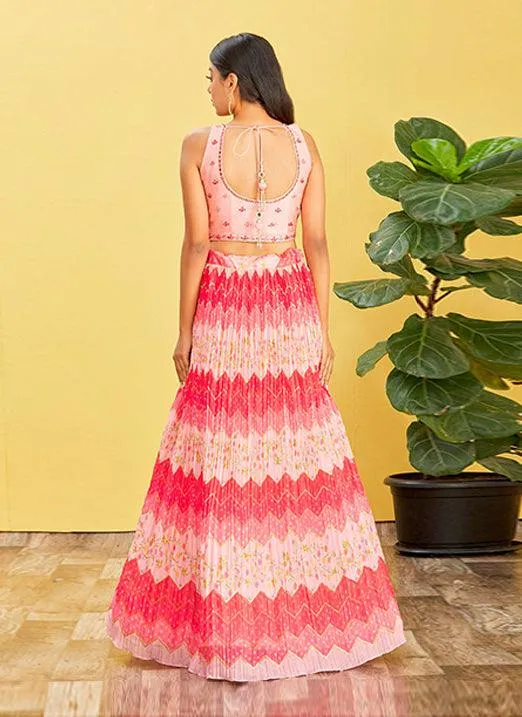 Multi Pink Chinnon Lehenga Choli with Real Mirror & Zari Sequins Embroidery