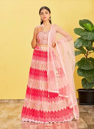 Multi Pink Chinnon Lehenga Choli with Real Mirror & Zari Sequins Embroidery