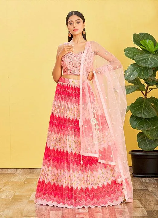 Multi Pink Chinnon Lehenga Choli with Real Mirror & Zari Sequins Embroidery