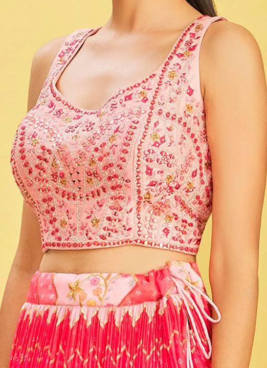 Multi Pink Chinnon Lehenga Choli with Real Mirror & Zari Sequins Embroidery