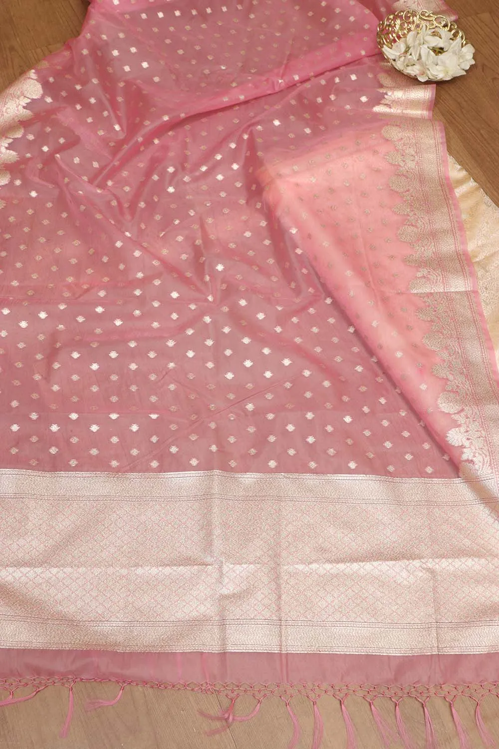 Pastel Banarasi Tanchui Silk Suit With Pink Banarasi Organza Dupatta