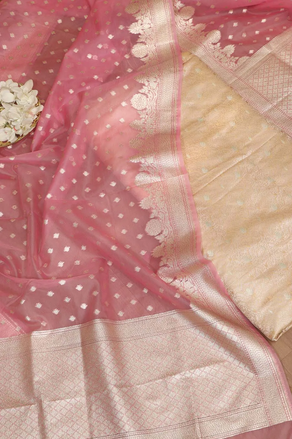 Pastel Banarasi Tanchui Silk Suit With Pink Banarasi Organza Dupatta