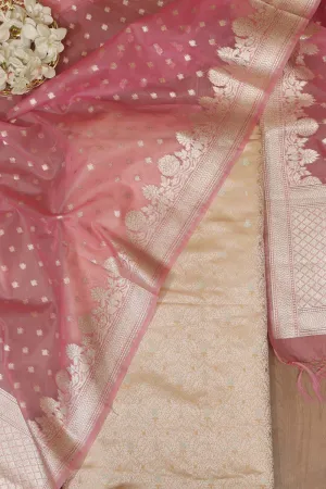 Pastel Banarasi Tanchui Silk Suit With Pink Banarasi Organza Dupatta