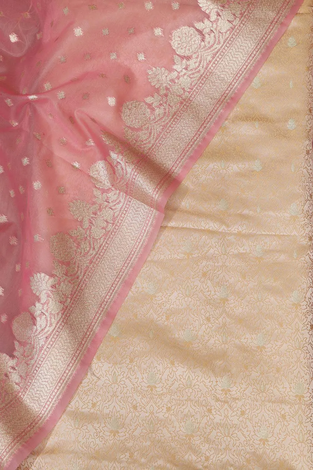Pastel Banarasi Tanchui Silk Suit With Pink Banarasi Organza Dupatta