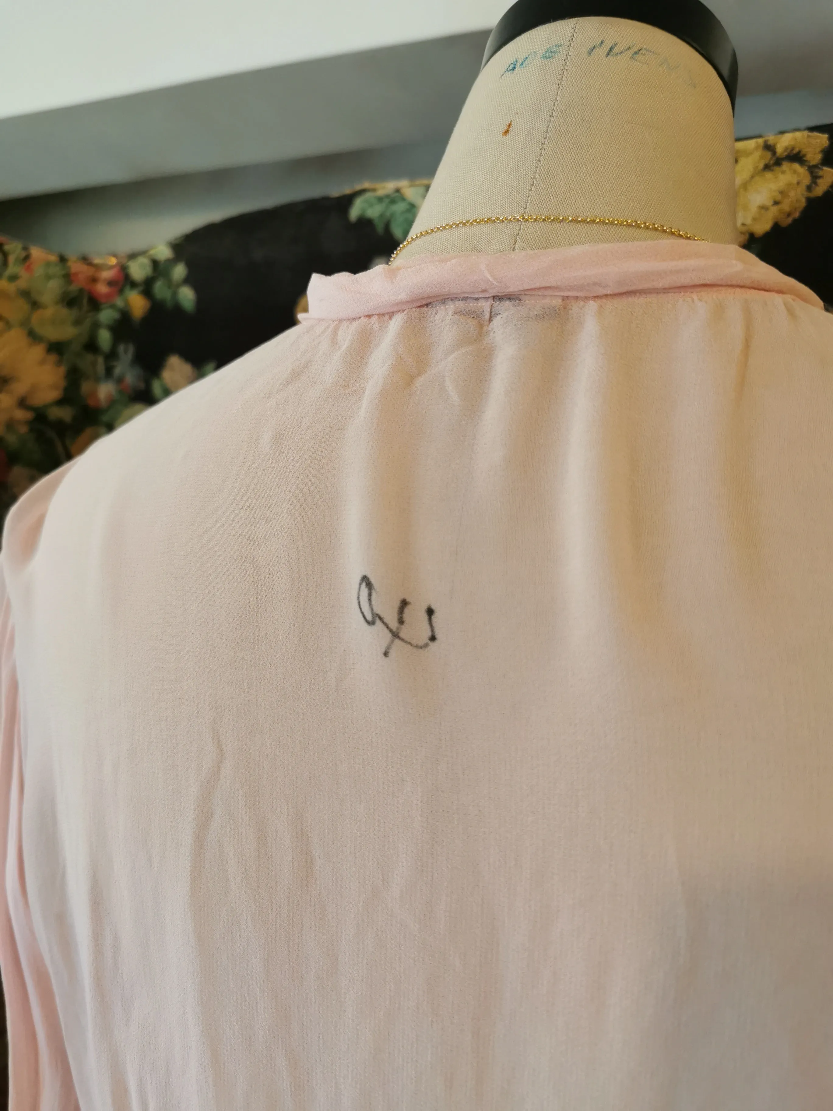 Pink silk blouse with lace trim