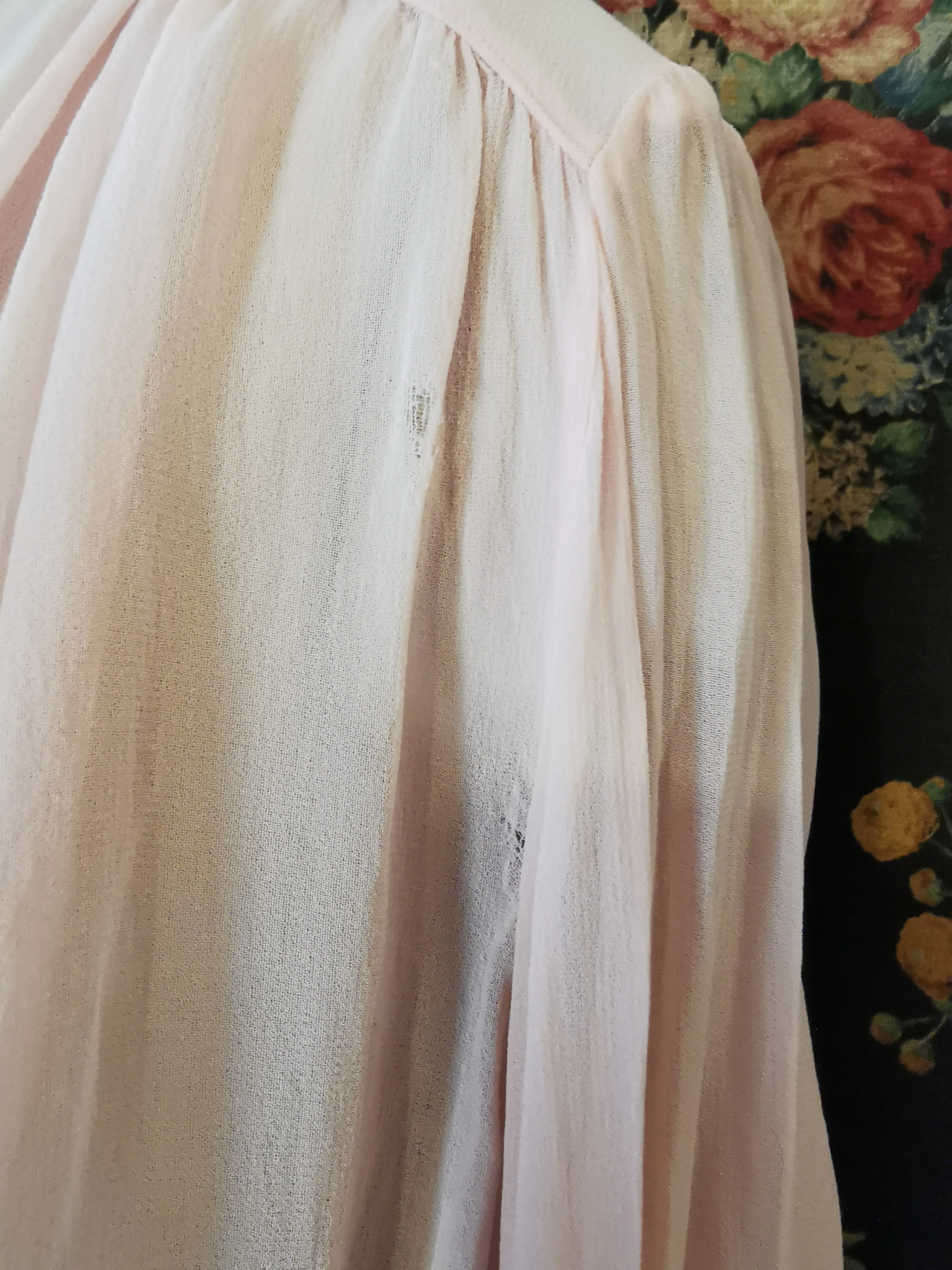 Pink silk blouse with lace trim