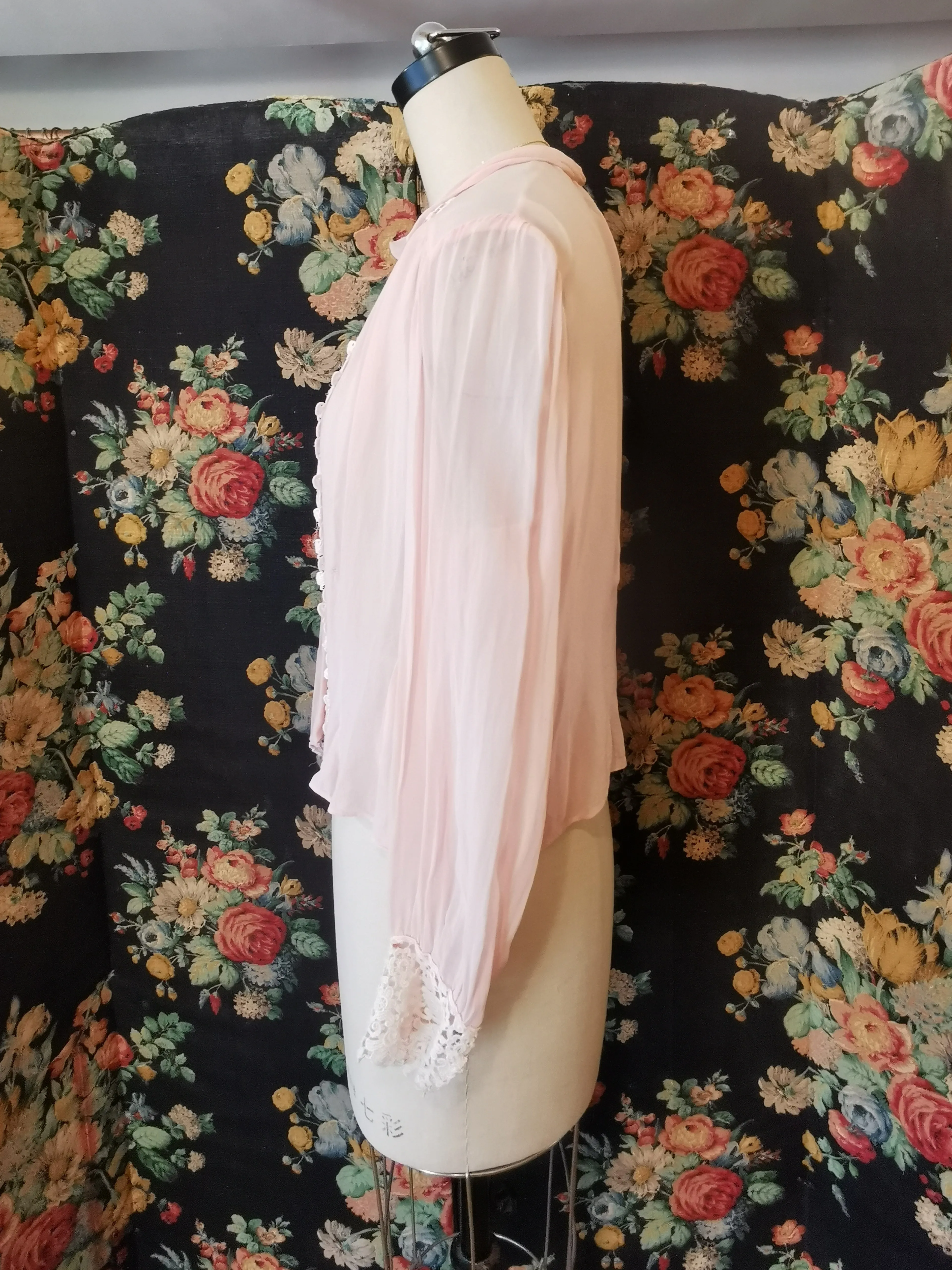 Pink silk blouse with lace trim