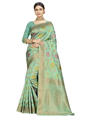 rangita Women Banarasi Silk Zari Work Saree With Blouse Piece - Light Green (SIZE 5.5 MTR)