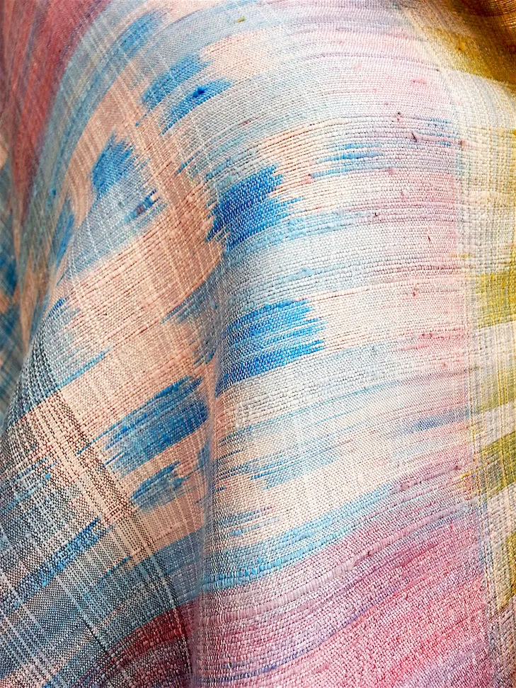 Raw Silk Ikat Shawl One Of A Kind Pink Blue Gold