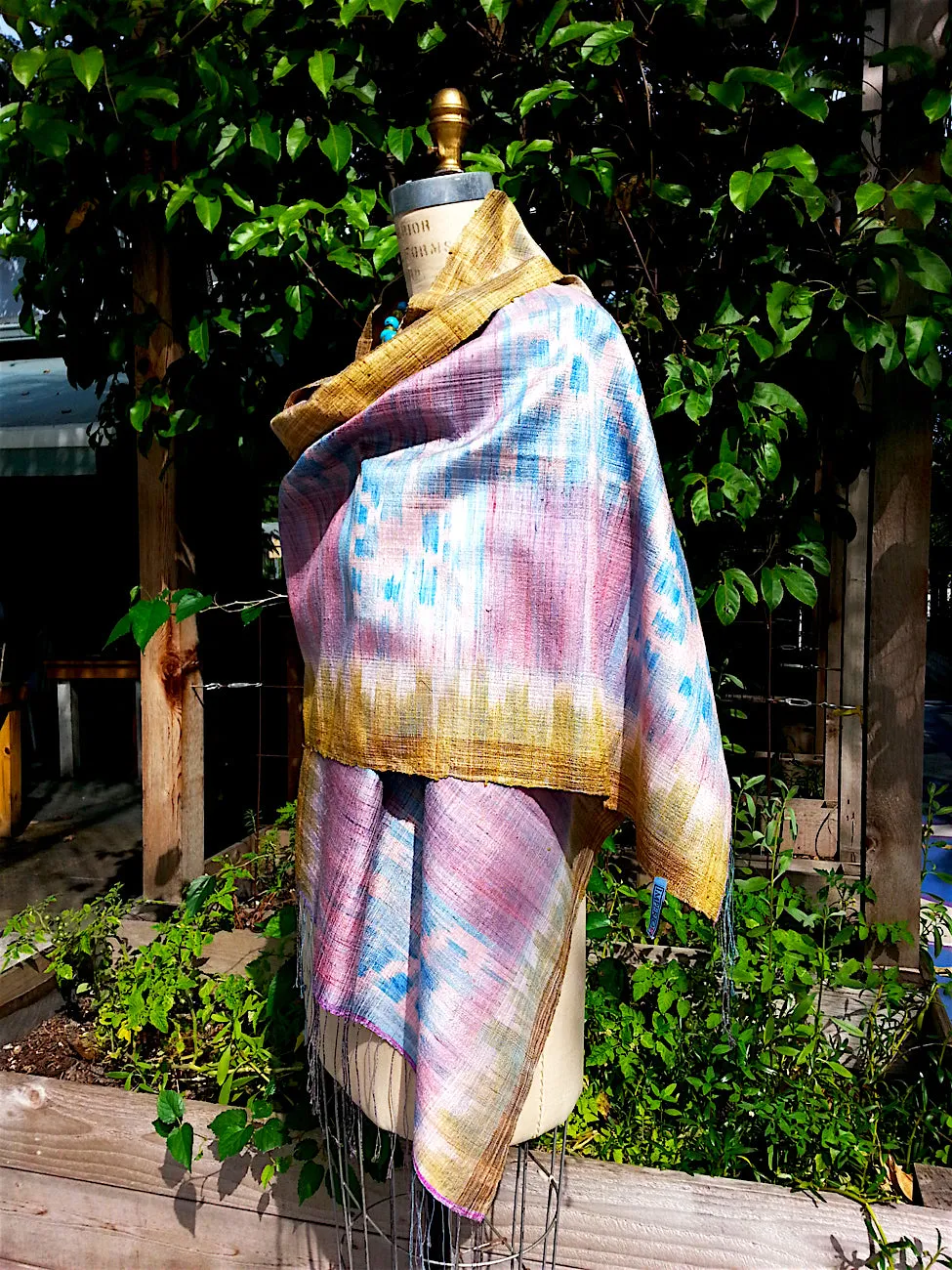 Raw Silk Ikat Shawl One Of A Kind Pink Blue Gold