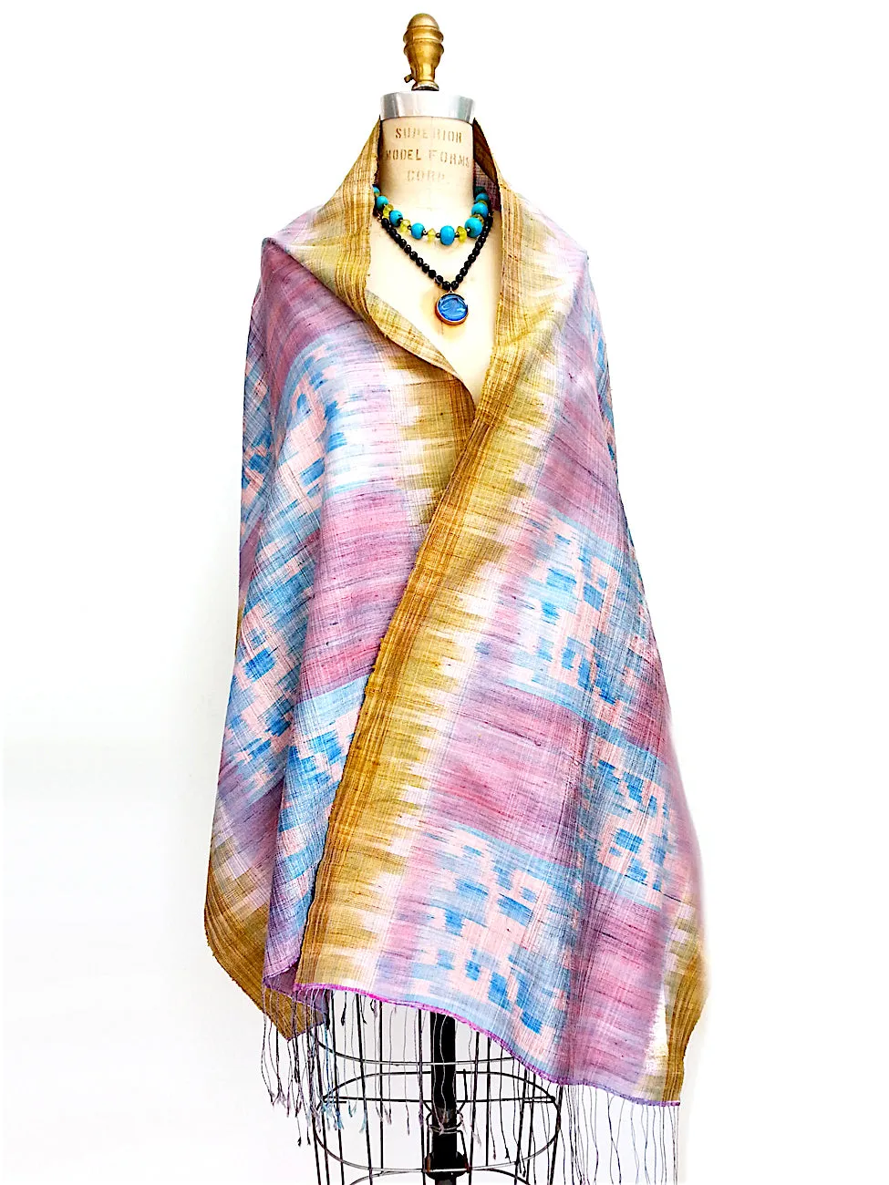 Raw Silk Ikat Shawl One Of A Kind Pink Blue Gold