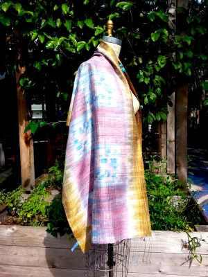 Raw Silk Ikat Shawl One Of A Kind Pink Blue Gold