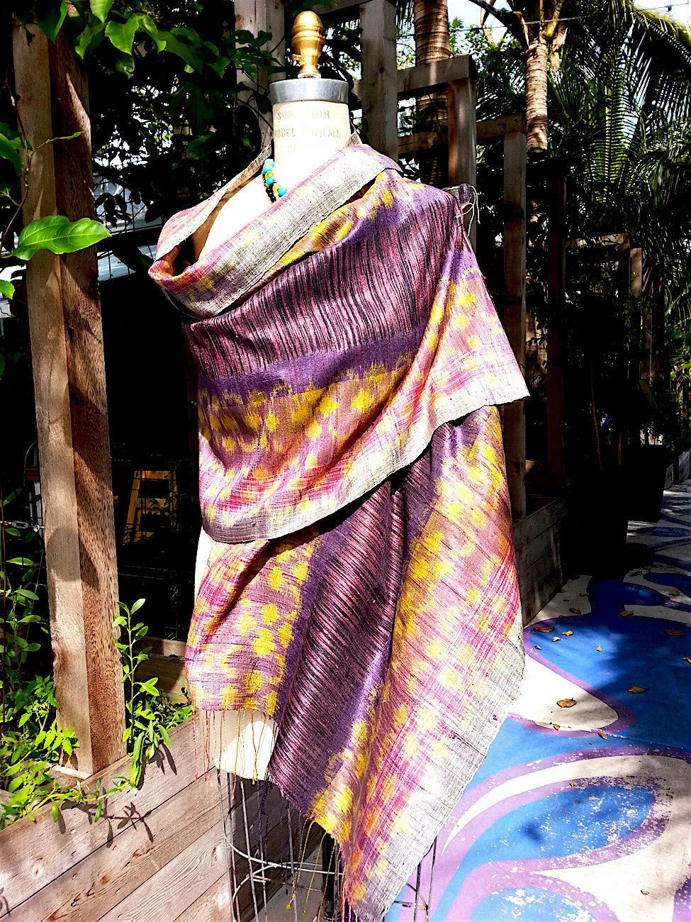 Raw Silk Ikat Shawl One Of A Kind Pink Blue Gold