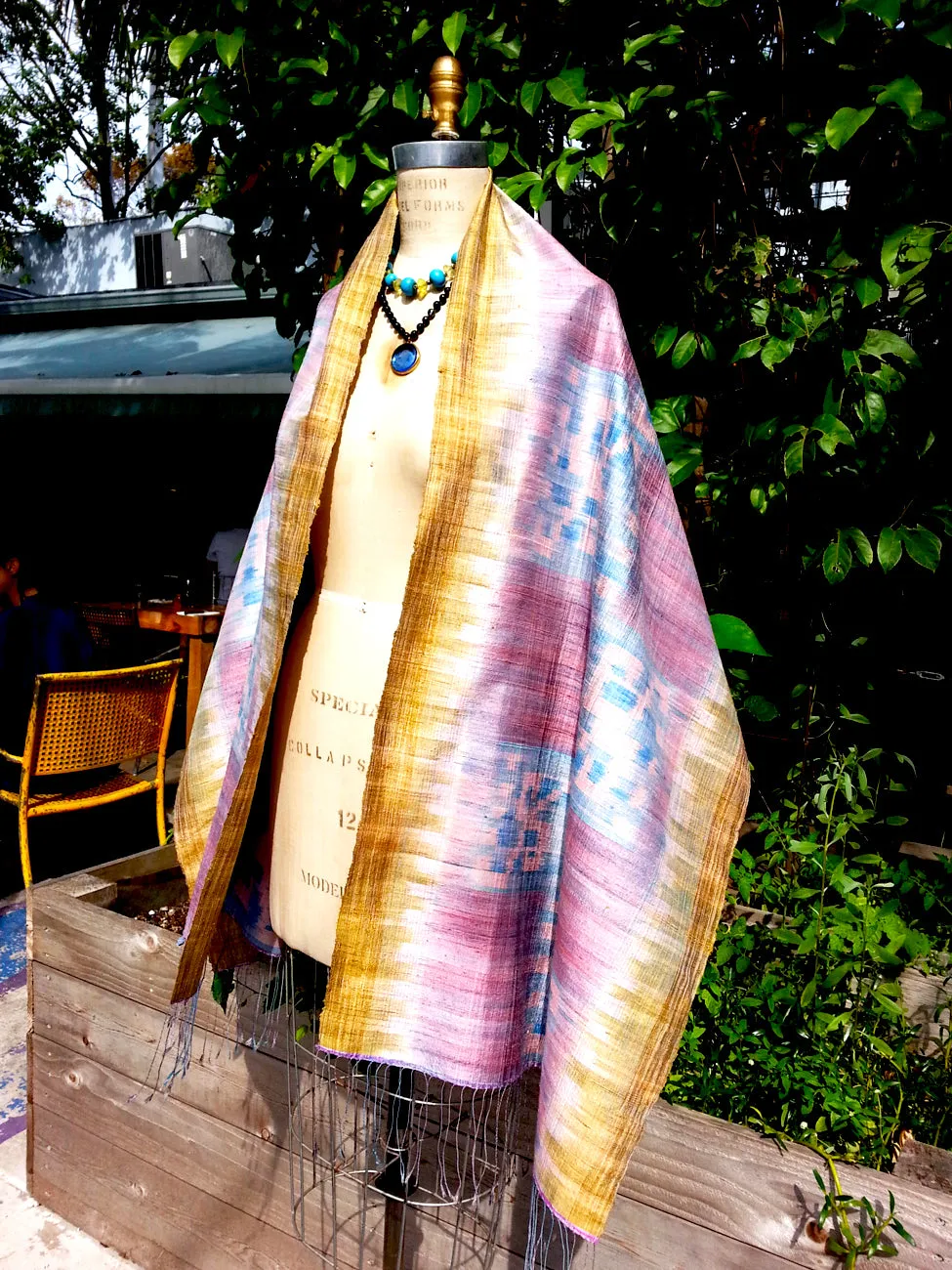Raw Silk Ikat Shawl One Of A Kind Pink Blue Gold