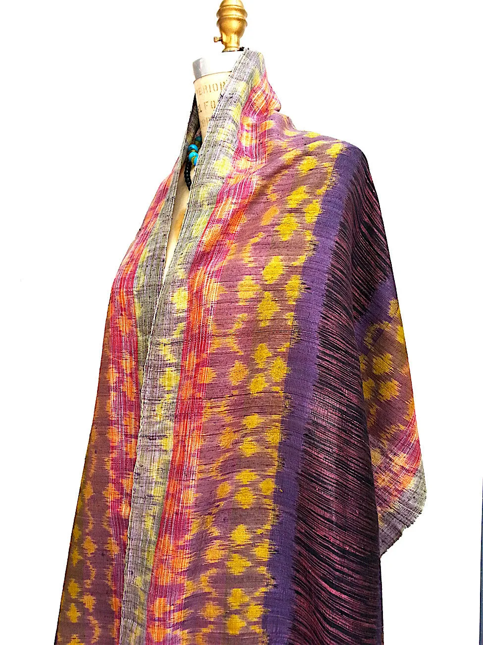 Raw Silk Ikat Shawl One Of A Kind Pink Blue Gold