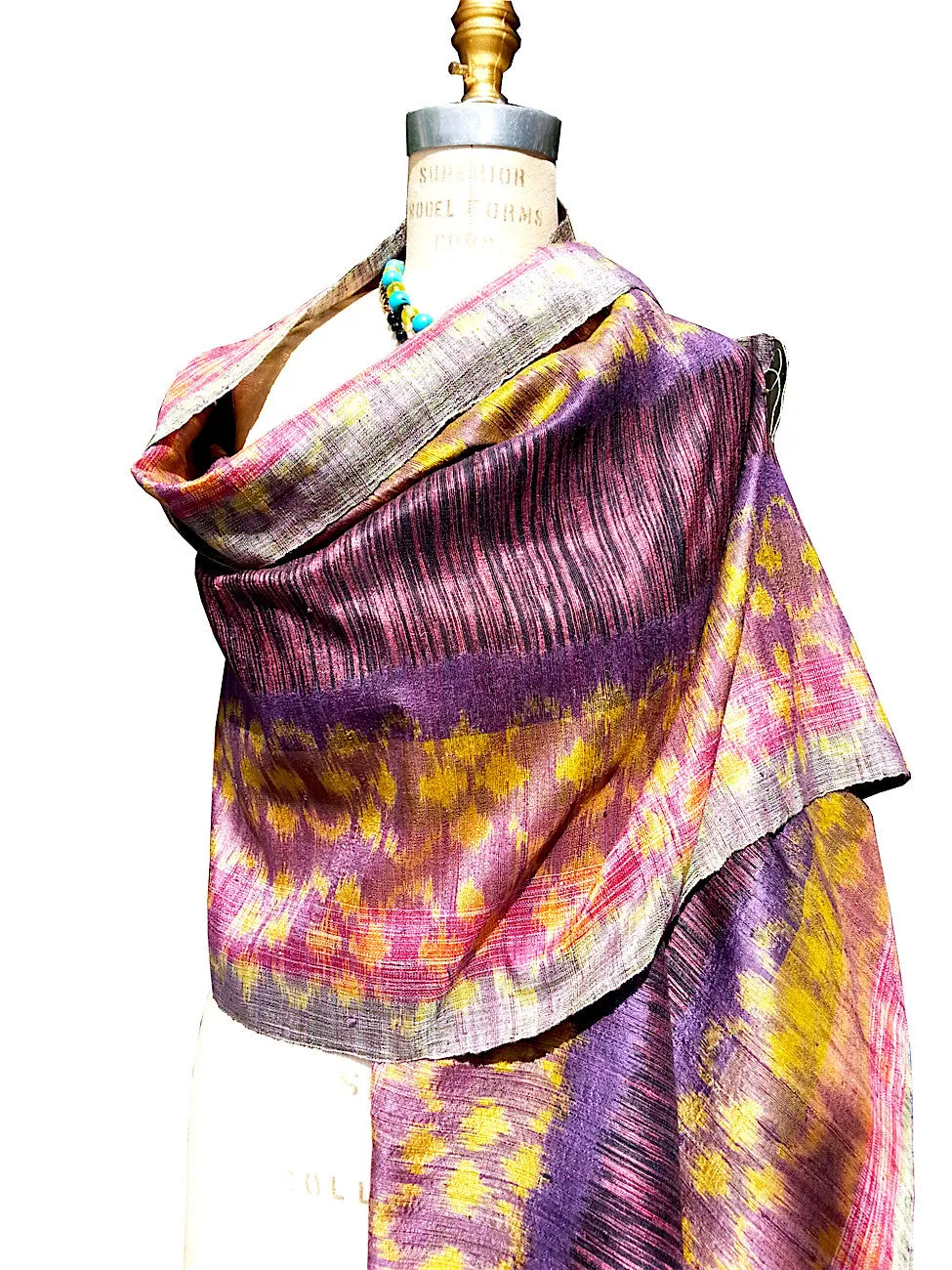 Raw Silk Ikat Shawl One Of A Kind Pink Blue Gold
