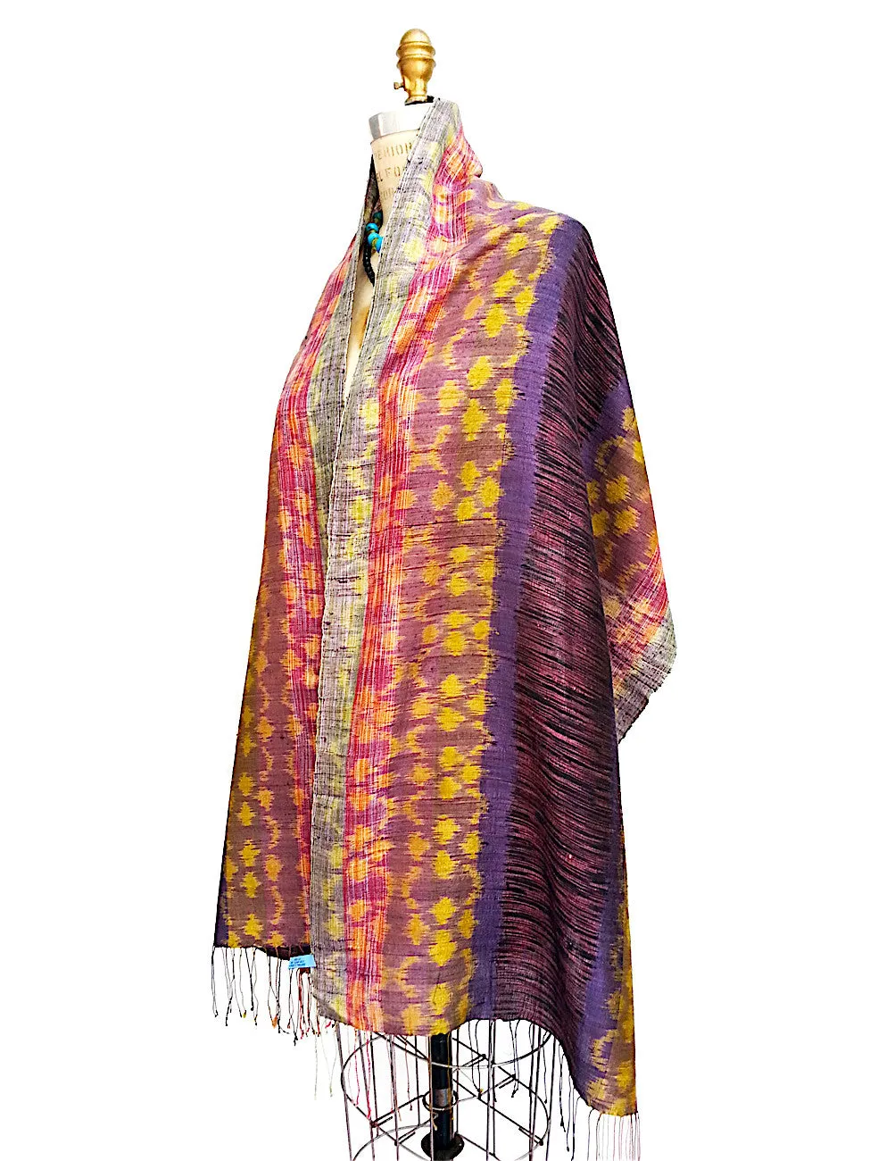 Raw Silk Ikat Shawl One Of A Kind Pink Blue Gold