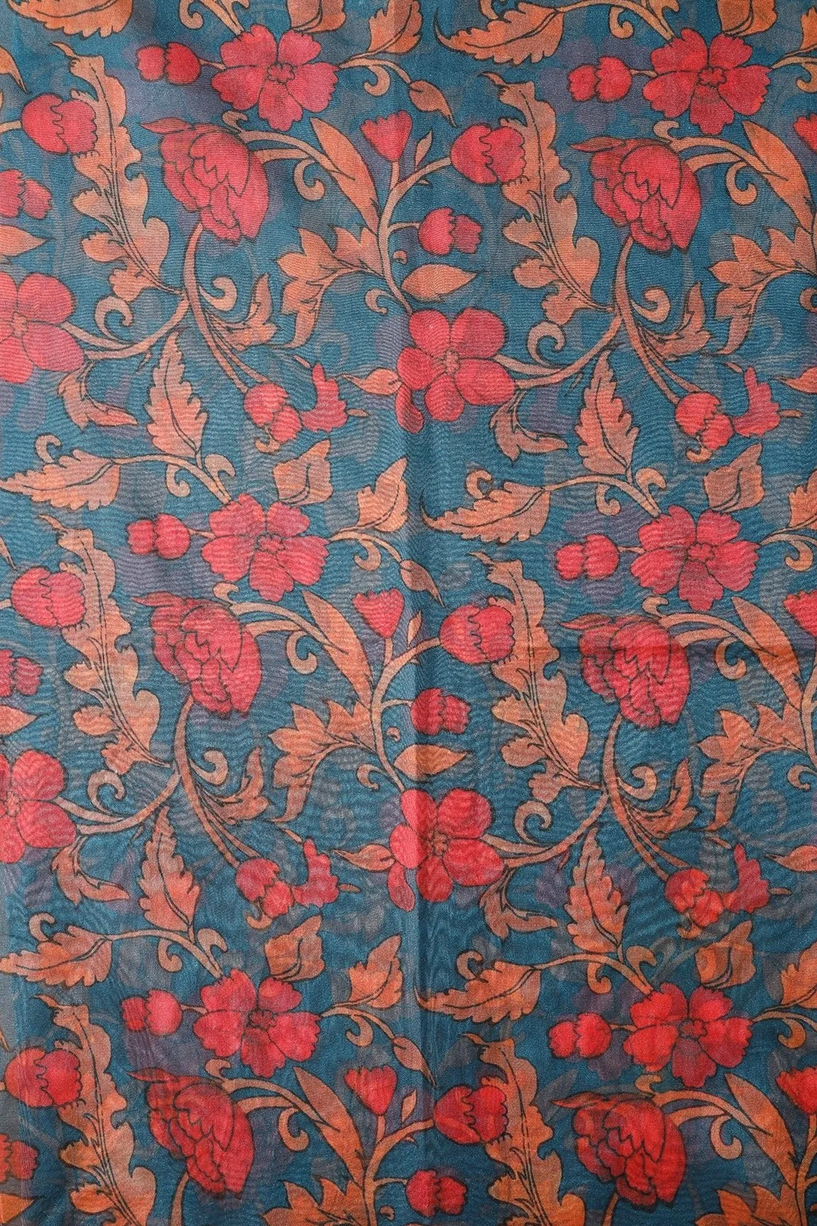 Red And Orange Floral Digital Print On Prussian Blue Organza Fabric