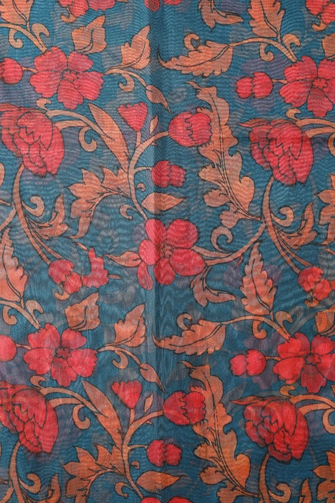 Red And Orange Floral Digital Print On Prussian Blue Organza Fabric
