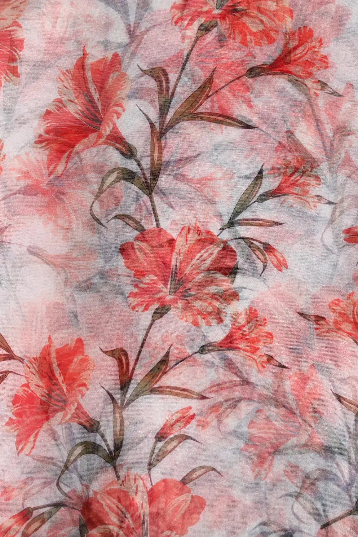 Red Floral Pattern Digital Print On White Organza Fabric