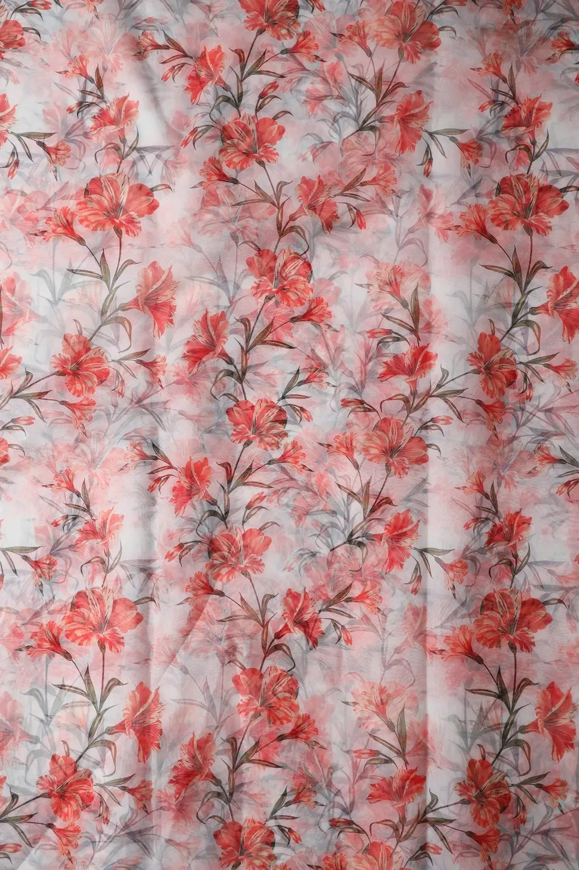 Red Floral Pattern Digital Print On White Organza Fabric