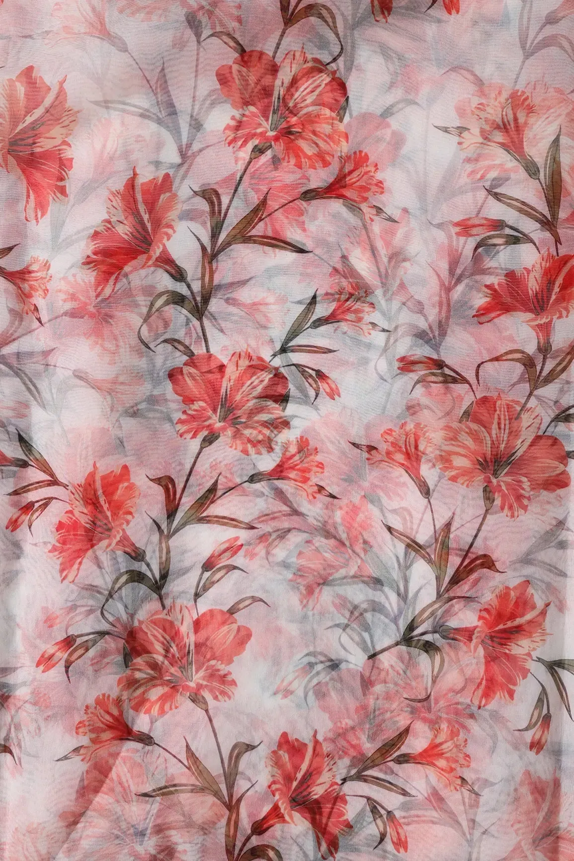 Red Floral Pattern Digital Print On White Organza Fabric