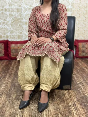 Regal Red & Gold Cotton Afghani Salwar Suit: Cultural Charm and Luxurious Appeal