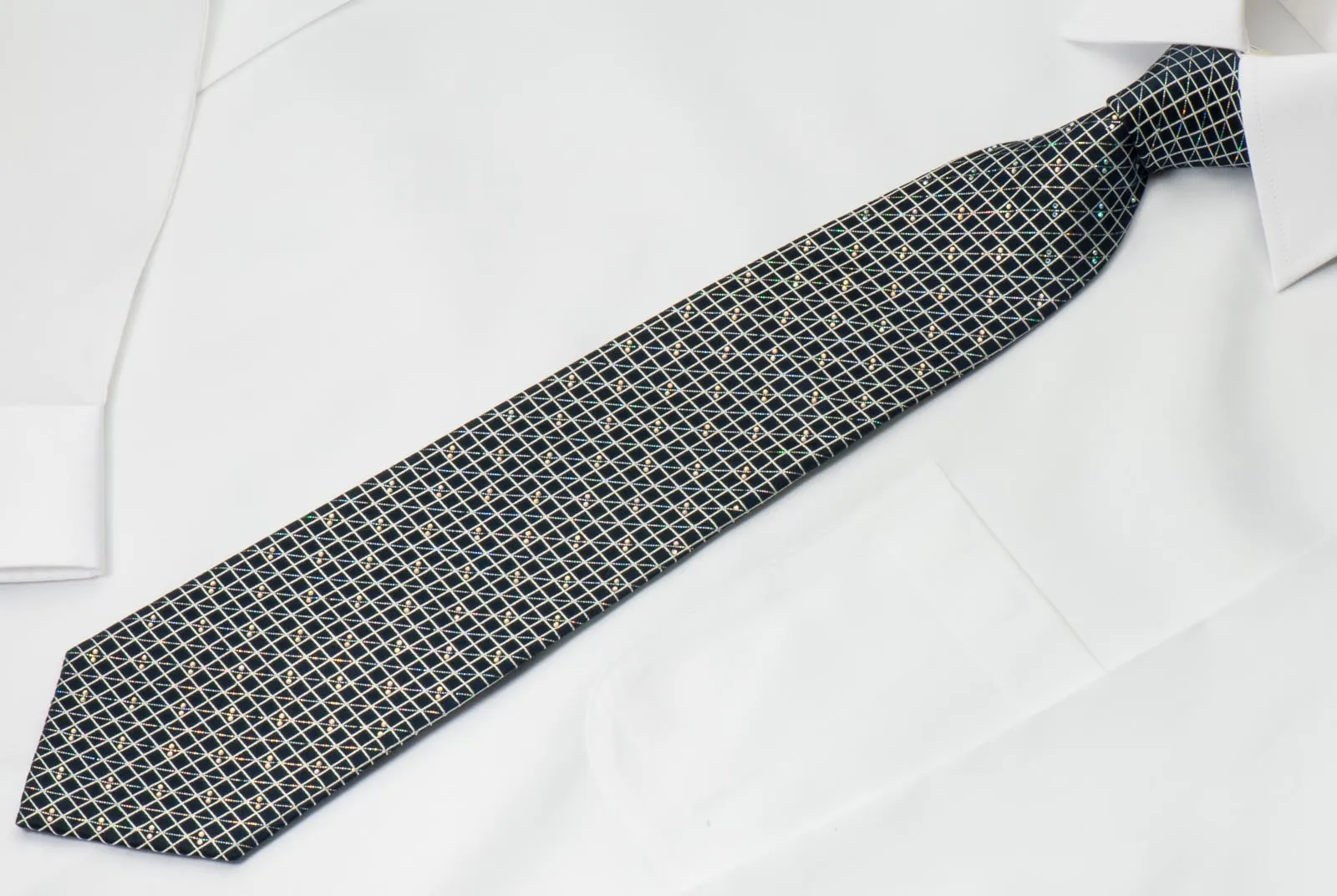 Renoma Silk Rhinestone Necktie Silver Mesh On Black With Diagonal Sparkles