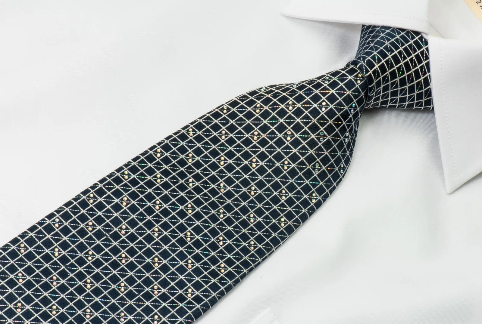 Renoma Silk Rhinestone Necktie Silver Mesh On Black With Diagonal Sparkles