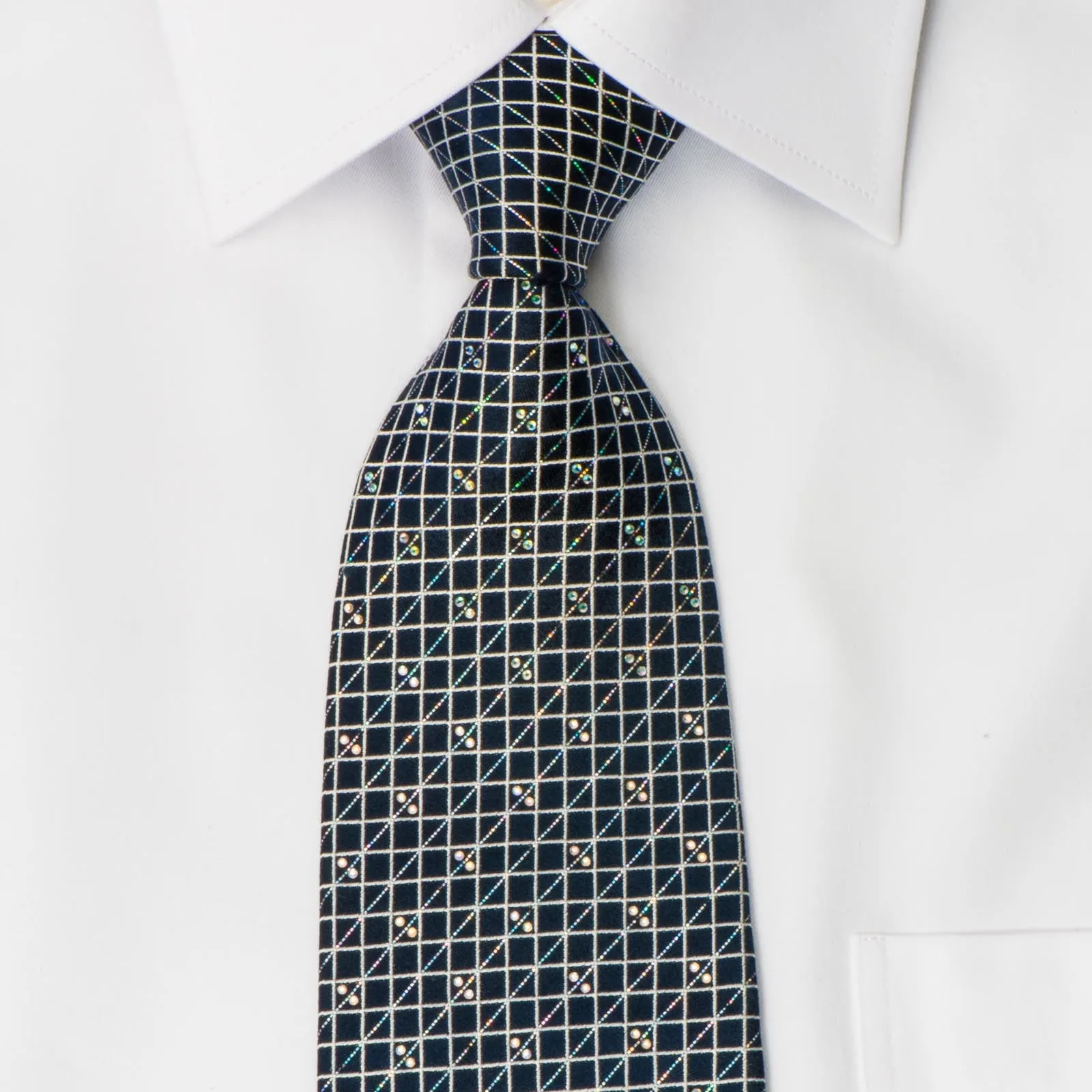 Renoma Silk Rhinestone Necktie Silver Mesh On Black With Diagonal Sparkles