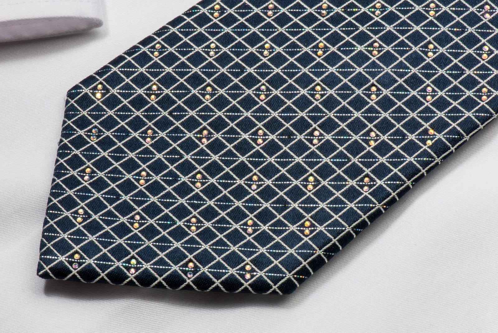 Renoma Silk Rhinestone Necktie Silver Mesh On Black With Diagonal Sparkles