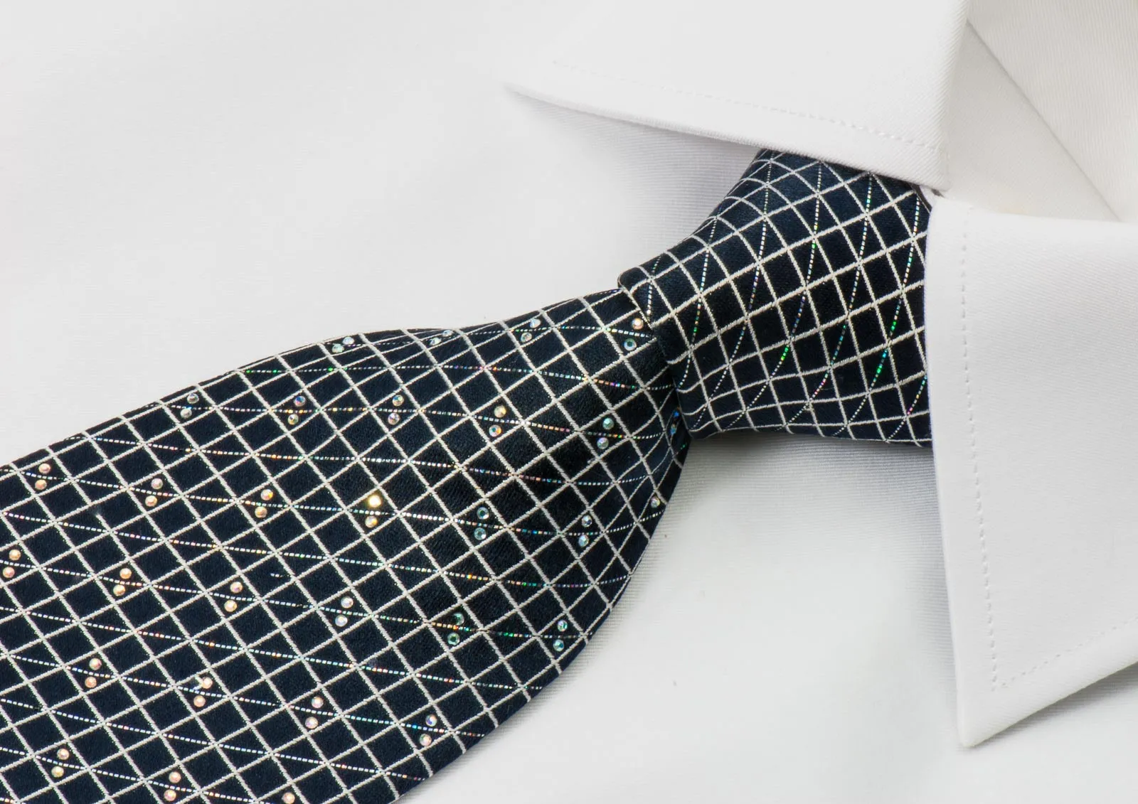 Renoma Silk Rhinestone Necktie Silver Mesh On Black With Diagonal Sparkles