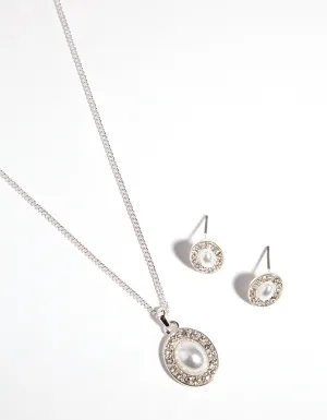 Silver Oval Pearl Diamante Necklace & Earrings Set