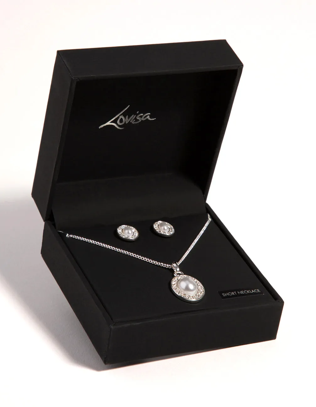 Silver Oval Pearl Diamante Necklace & Earrings Set