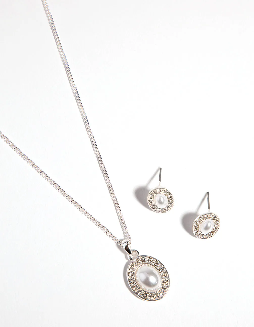 Silver Oval Pearl Diamante Necklace & Earrings Set