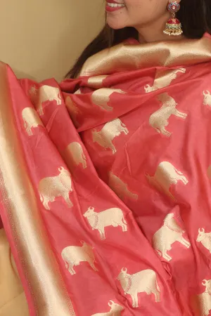 Stunning Pink Banarasi Silk Cow Design Dupatta - Elegant and Luxurious