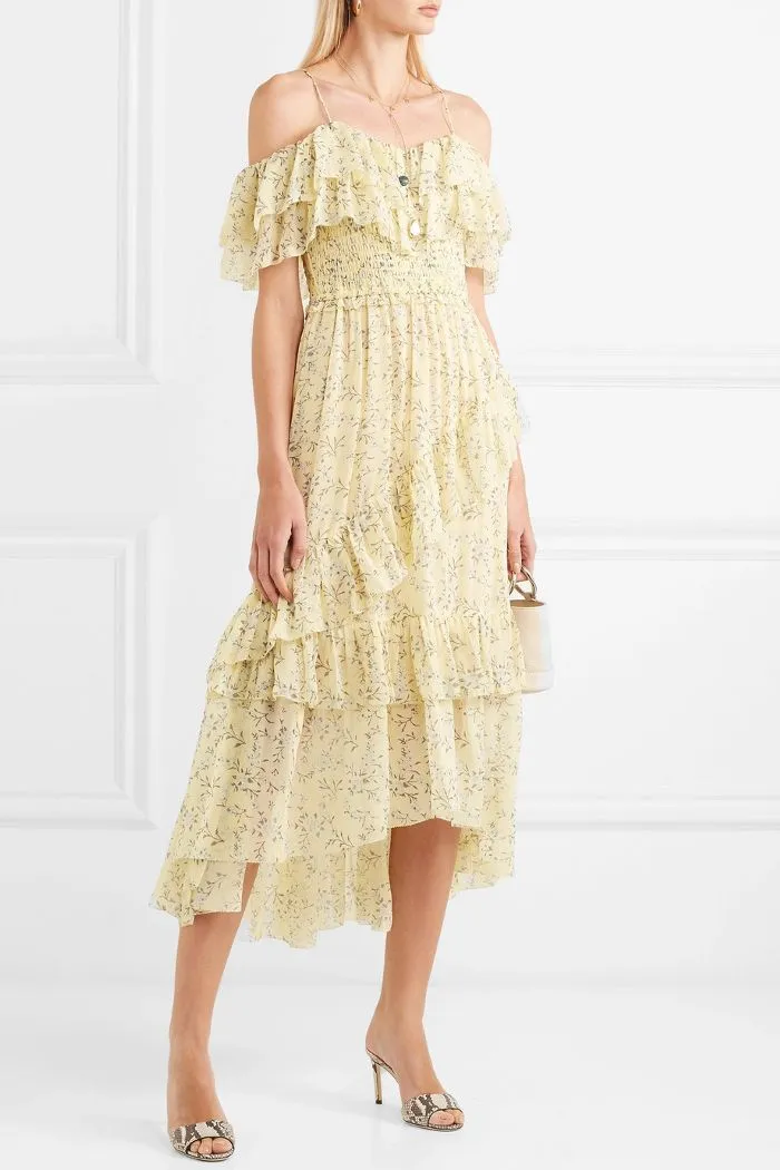 Ulla Johnson Penninah Cold-shoulder Ruffled Floral-print Silk-georgette Dress In Yellow UK 10