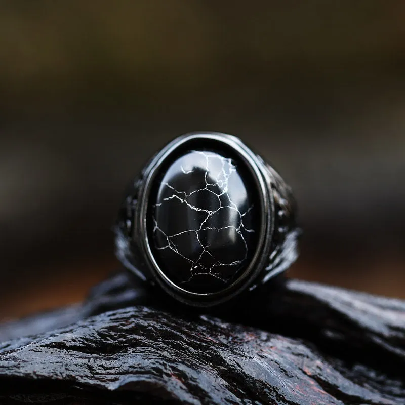 Vintage Black Turquoise Inlaid Men's Titanium Steel Ring - Custom Engraved Handcrafted Jewelry for Men