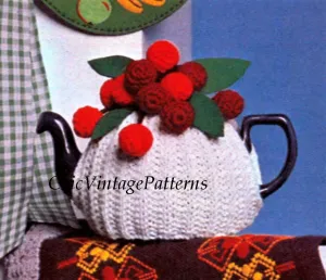 Vintage Knitted Tea Cosy Pattern, Crochet Cherries, Instant Download