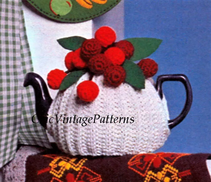 Vintage Knitted Tea Cosy Pattern, Crochet Cherries, Instant Download