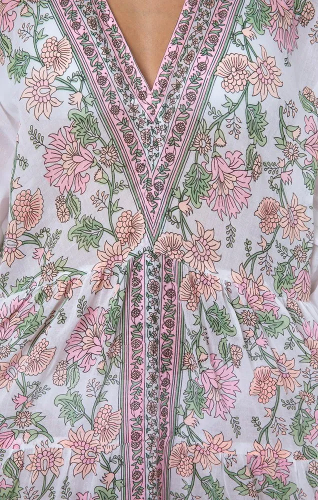 White / Candy / Peach Maxi Dress w/ Rose Border Print