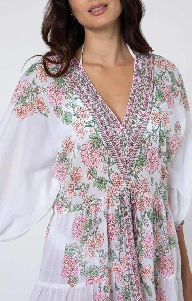 White / Candy / Peach Maxi Dress w/ Rose Border Print