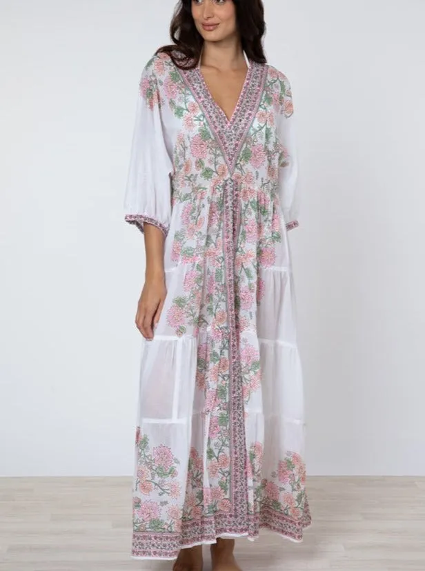 White / Candy / Peach Maxi Dress w/ Rose Border Print