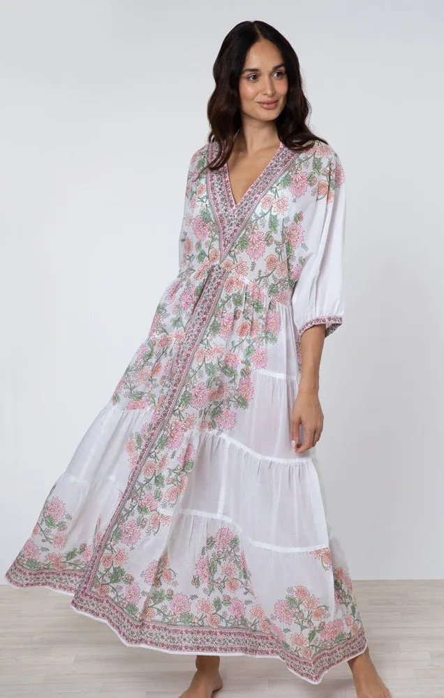White / Candy / Peach Maxi Dress w/ Rose Border Print