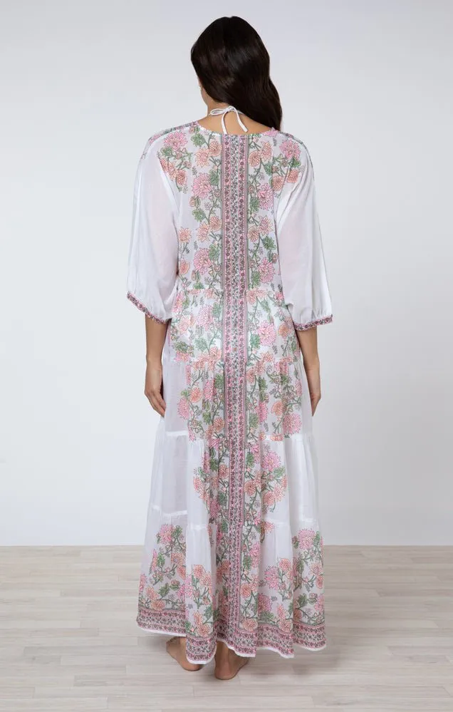 White / Candy / Peach Maxi Dress w/ Rose Border Print